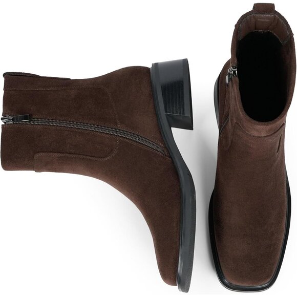 Women's Suede Chocolate Square Toe Chunky Short Boot Fall Boots Side Zipper - Picture 6 of 7